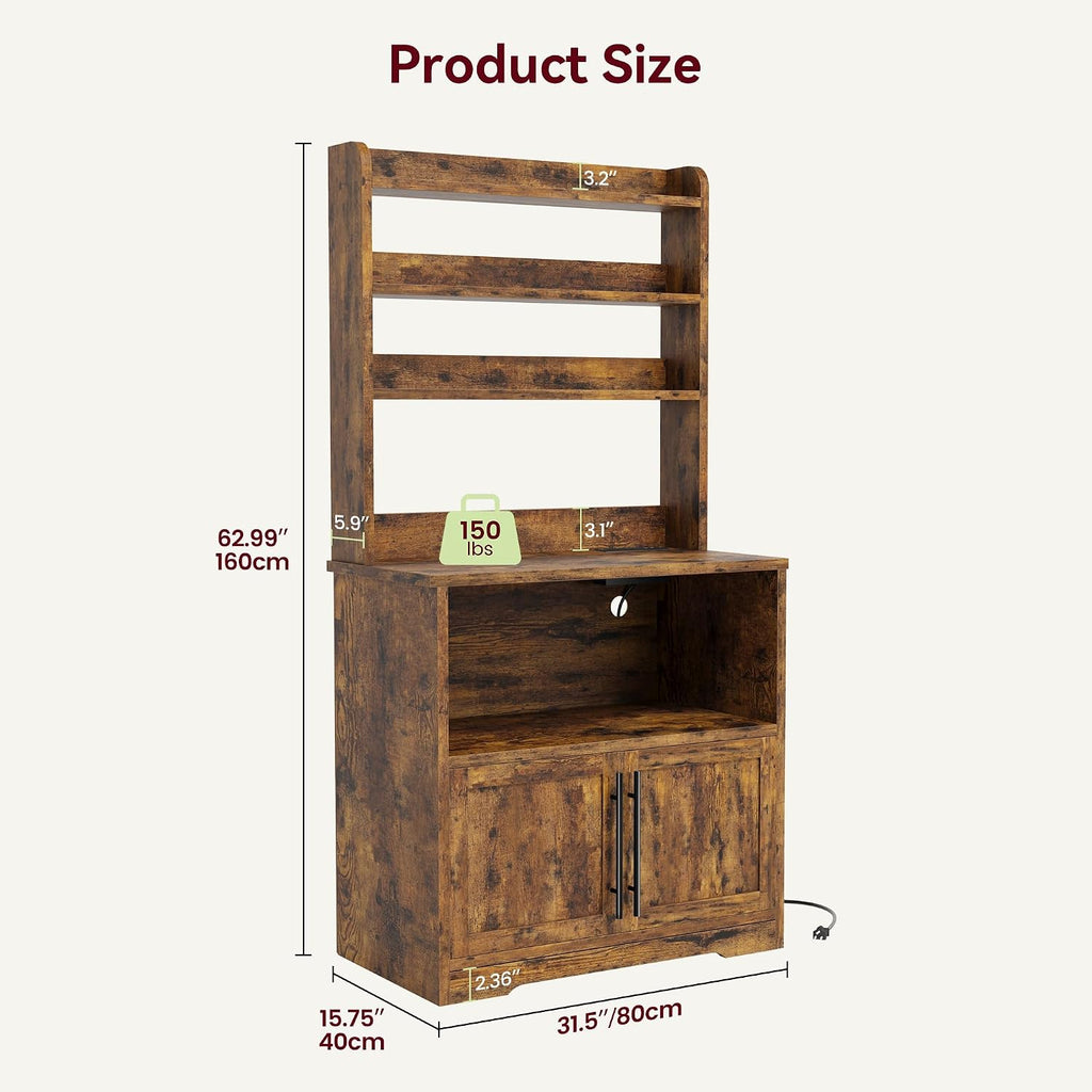GAOMON Bakers Rack with Power Outlet and USB, Microwave Stand with Storage Cabinet, Coffee Bar Station for Kitchen, Utility Shelf Rack for Spices, 63' Tall, Brown