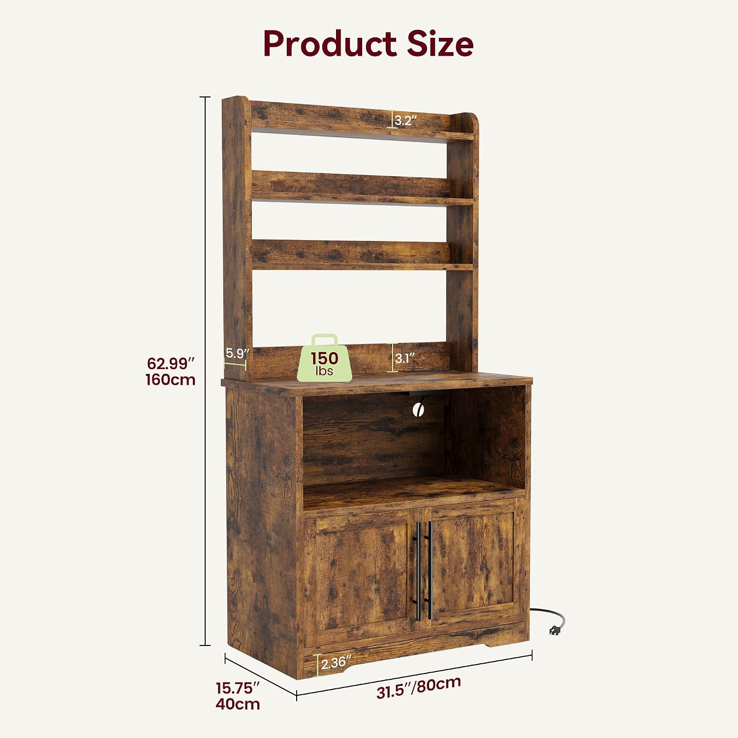 Garvee Farmhouse Bakers Rack with Power Outlets, Microwave Stand with Cabinet, Kitchen Hutch Pantry Cabinet, Kitchen Coffee Bar Cabinet for Spices, Dishes, and Pots, Brown