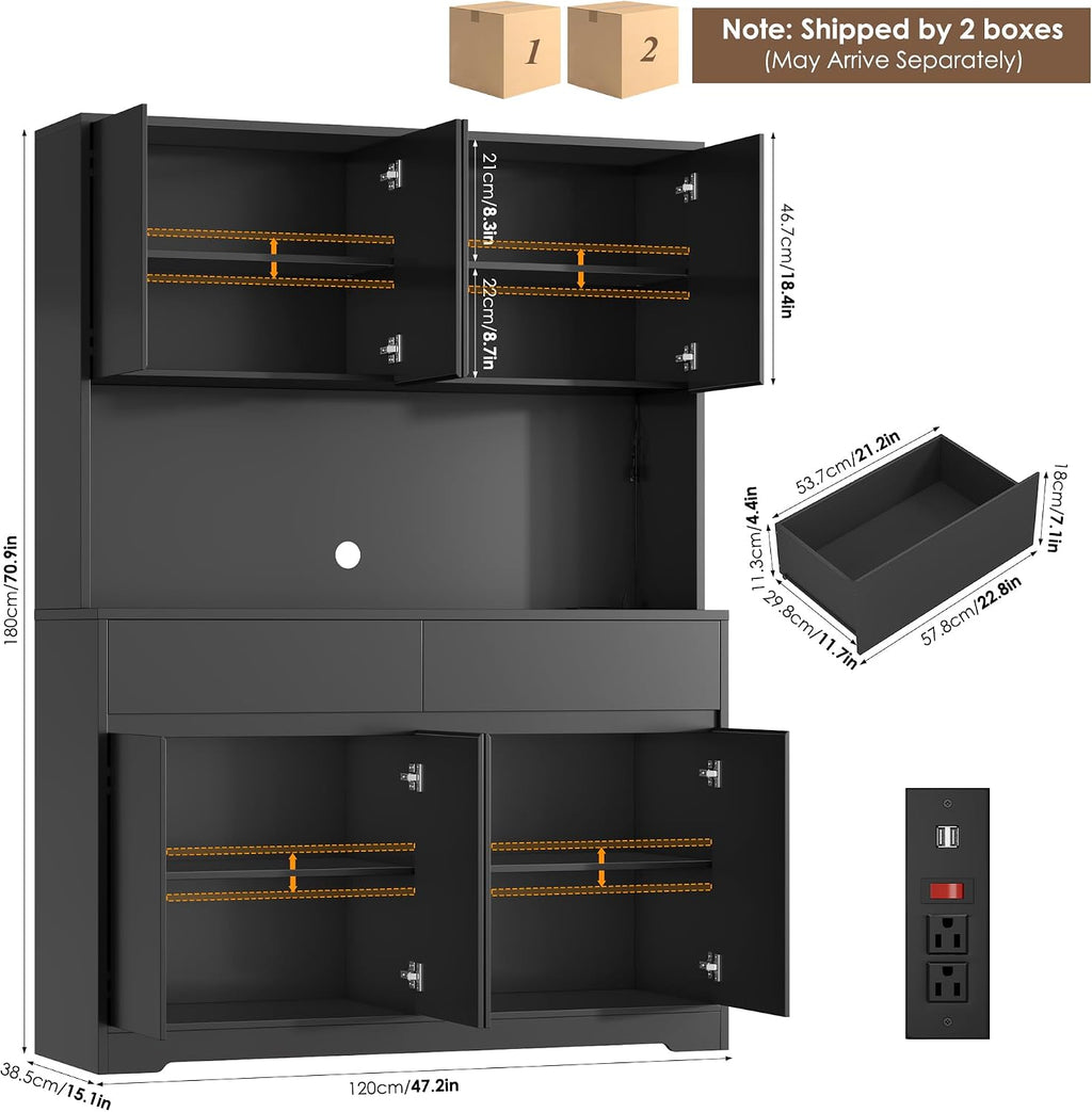 FINETONES 71' Tall Pantry Cabinet with LED Lights and Charging Station, 47.2' Wide Kitchen Pantry Storage Cabinet Kitchen Hutch with Microwave Stand, Tall Storage Cabinet for Living Room, Black