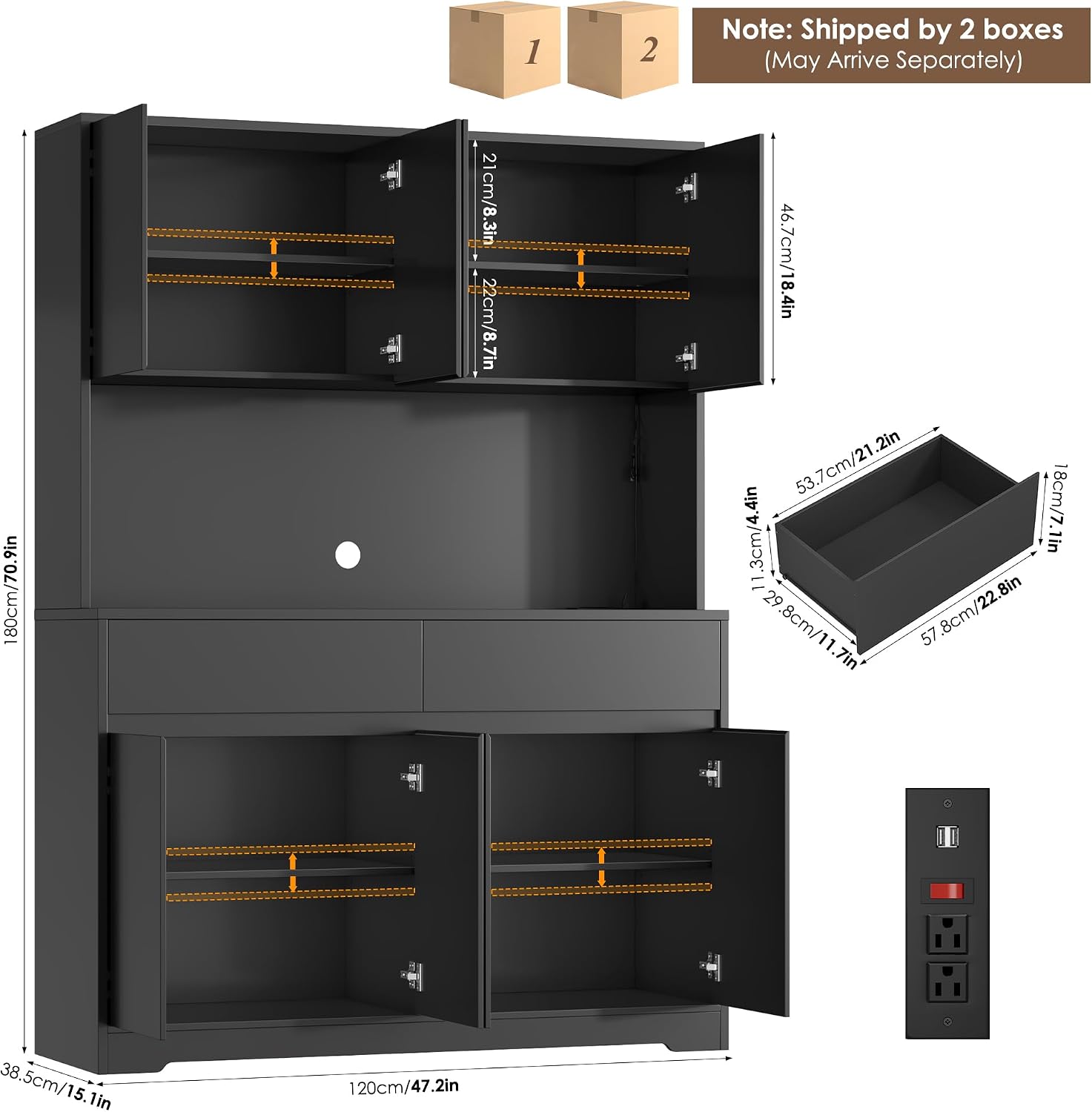 FINETONES 71' Tall Pantry Cabinet with LED Lights and Charging Station, 47.2' Wide Kitchen Pantry Storage Cabinet Kitchen Hutch with Microwave Stand, Tall Storage Cabinet for Living Room, Black