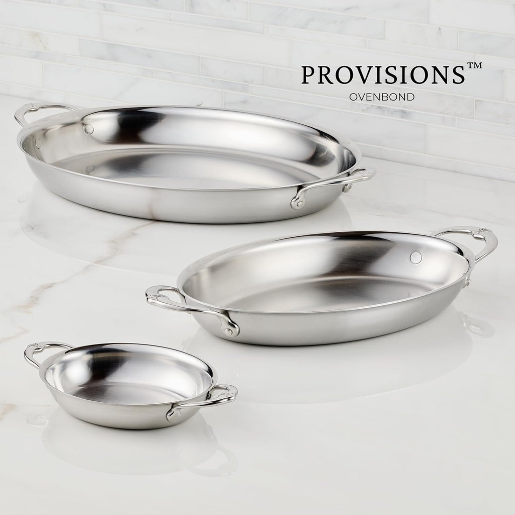 Hestan Provisions Oval Au Gratin Baking Dish, 2 Quart Clad Stainless Steel, 12.5 x 9 Inch - Oven Safe 600F, Kitchen to Table Serving, Designed with Thomas Keller