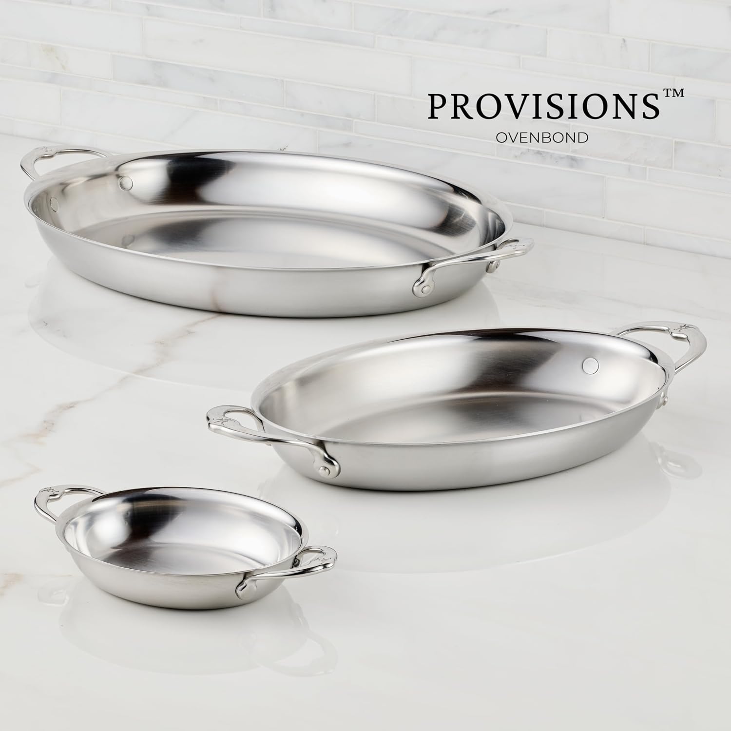 Hestan Provisions Oval Au Gratin Baking Dish, 2 Quart Clad Stainless Steel, 12.5 x 9 Inch - Oven Safe 600F, Kitchen to Table Serving, Designed with Thomas Keller