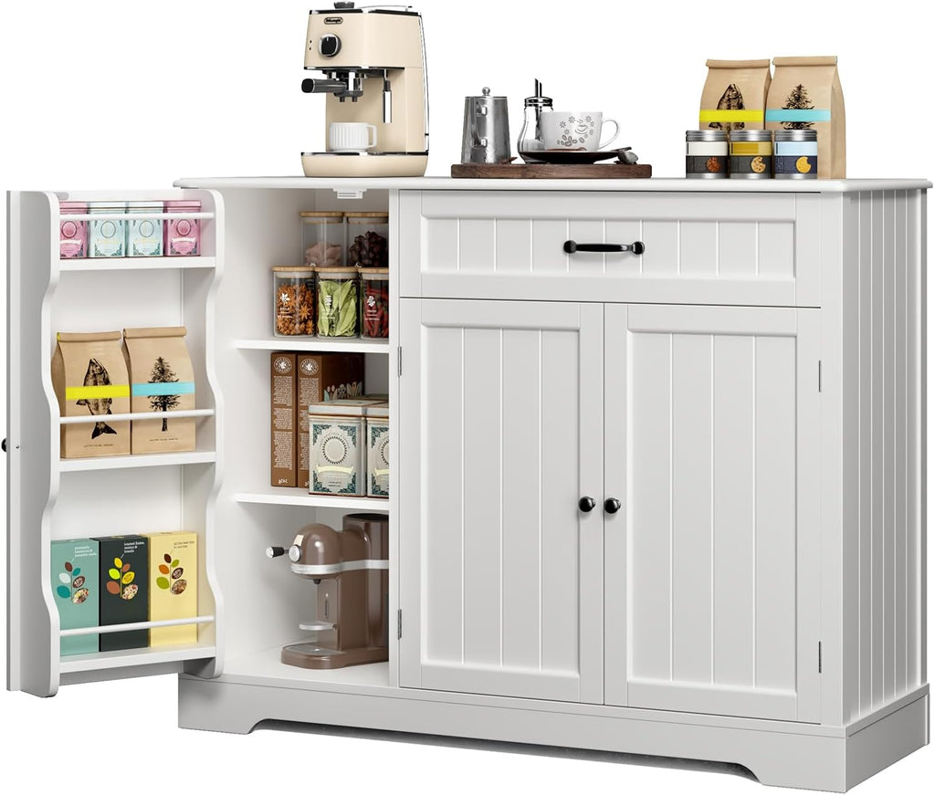Gizoon Kitchen Coffee Bar Cabinet with Storage Kitchen Sideboard Buffet Cabinet with Drawers, Short Pantry with Door and Shelves for Bathroom and Living Room, White, Painted
