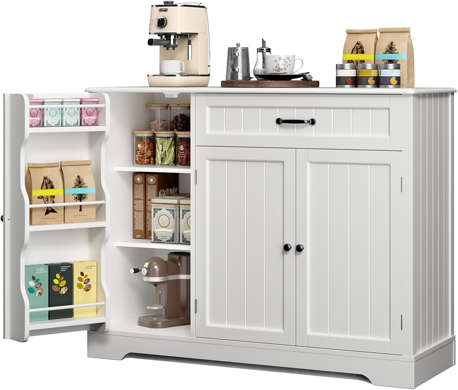 Gizoon Kitchen Coffee Bar Cabinet with Storage Kitchen Sideboard Buffet Cabinet with Drawers, Short Pantry with Door and Shelves for Bathroom and Living Room, White, Painted