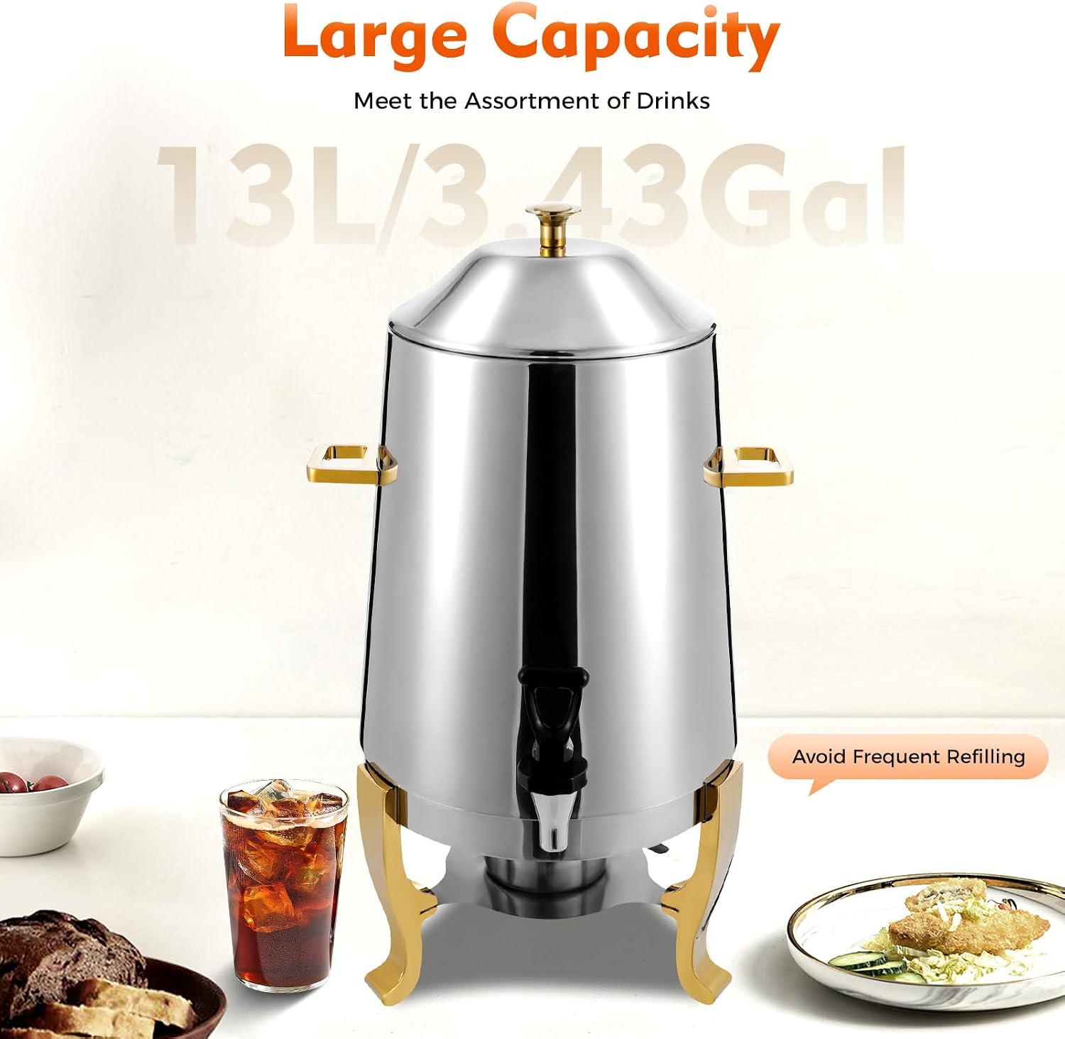 13L/3.5 Gallon Hot Beverage Dispenser, Electric Stainless Steel Coffee Chafer Urn, Fuel Tray Holder, Drink Dispenser with Gold Accent and Ice Container for Hot & Cold Drinks, Party Event Buffet