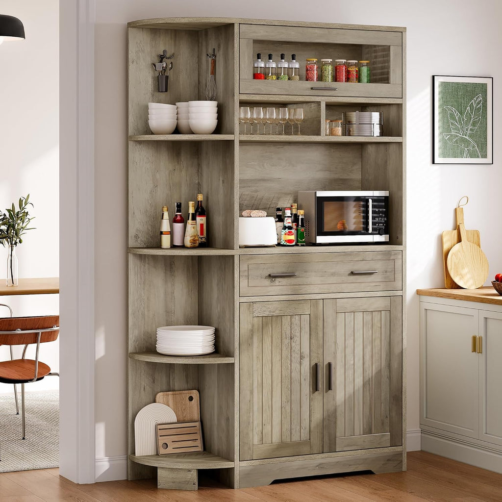YITAHOME Kitchen Pantry Storage Cabinet, 67' Tall Kitchen Hutch with Outlet & Door & Shelves & Drawer, Farmhouse Wooden Microwave Stand Buffet Coffee Bar for Home Living Dining Room, Antique Gray