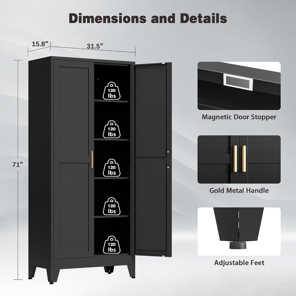 71' Tall Metal Kitchen Pantry Cabinet, Kitchen Storage Cabinets, Steel Cupboard with 2Doors and 4 Adjustable Shelves for Dining Room, Bathroom, Living Room