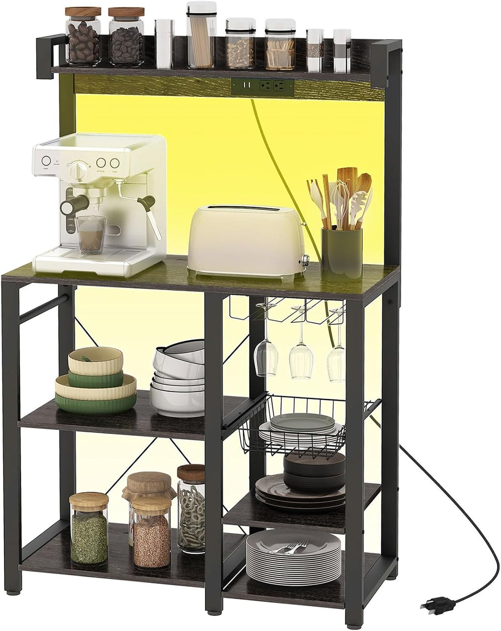 Kitchen Baking Rack with Power Socket and Led Light, Industrial Microwave Rack with Glass, with Metal Baskets and Shelves, Kitchen Spice and Pot Organizer, Gray