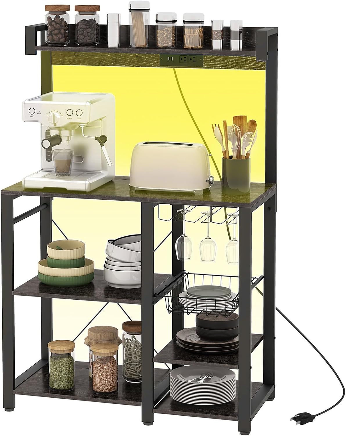 Kitchen Baking Rack with Power Socket and Led Light, Industrial Microwave Rack with Glass, with Metal Baskets and Shelves, Kitchen Spice and Pot Organizer, Gray