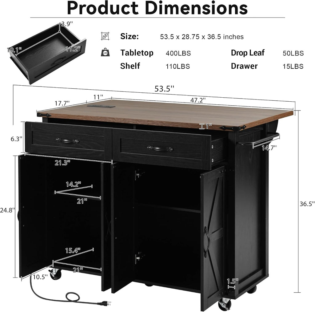 Farmhouse Kitchen Island,Large Rolling Kitchen Cart on Wheels Black | Solid Wood Storage Island with Drop Leaf, Spice Rack and Drawer,Power Outlet