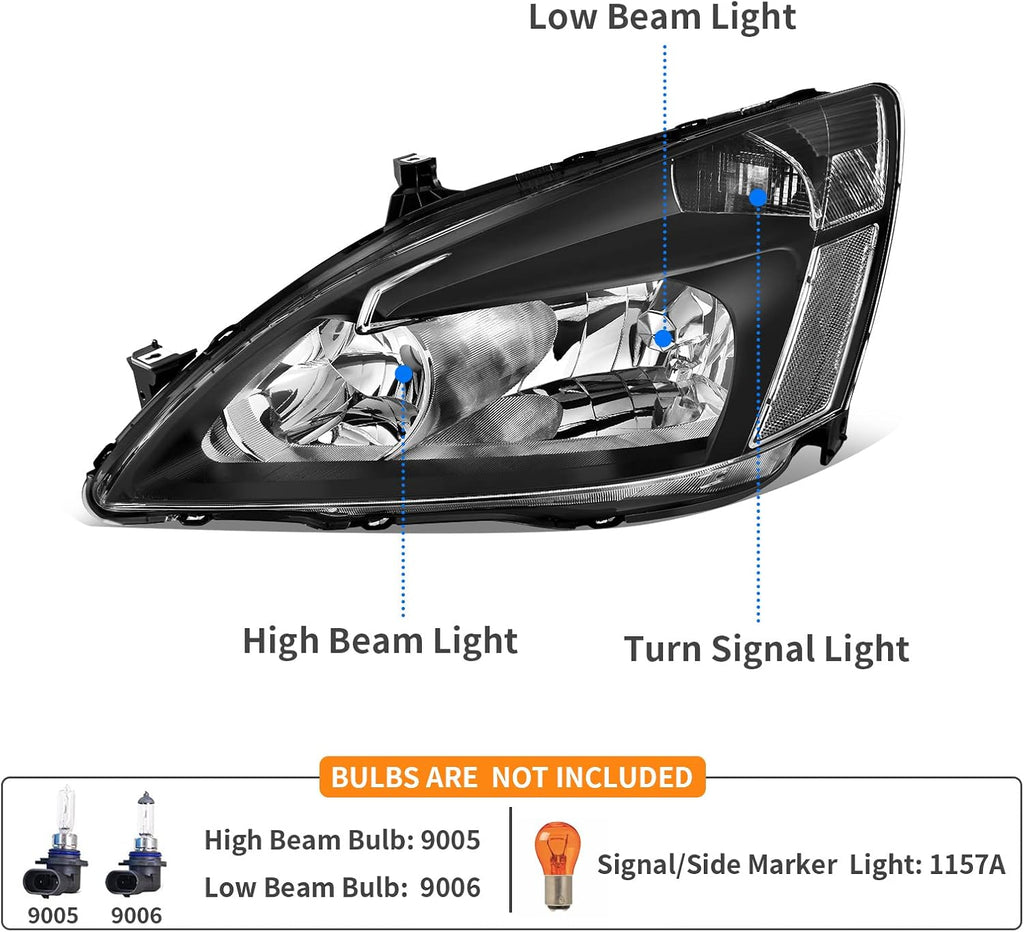 DWVO Headlight Assembly Compatible with 03 04 05 06 07 Accord OE Headlamp Replacement Black Housing Clear Reflector Clear Lens