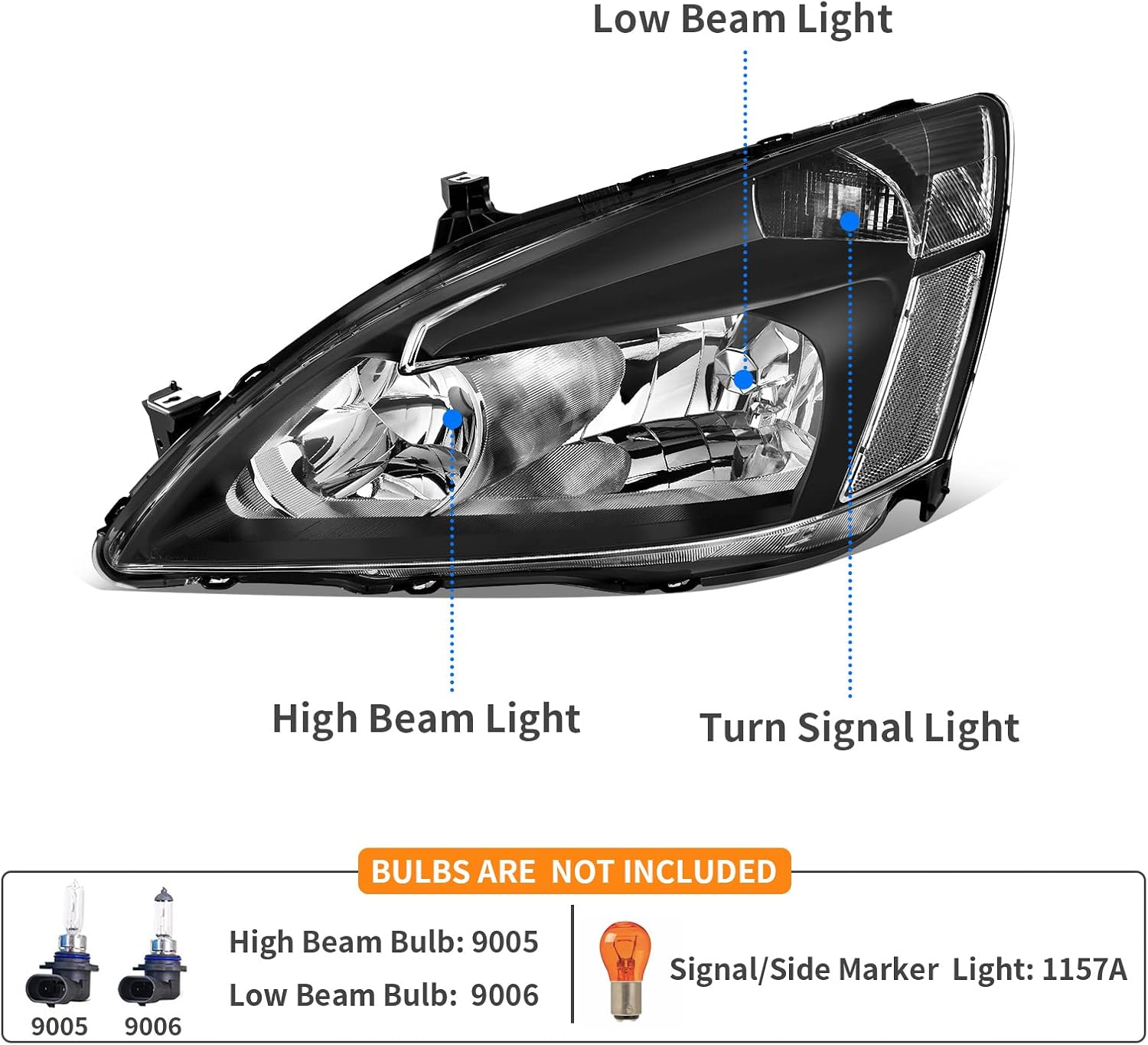 DWVO Headlight Assembly Compatible with 03 04 05 06 07 Accord OE Headlamp Replacement Black Housing Clear Reflector Clear Lens