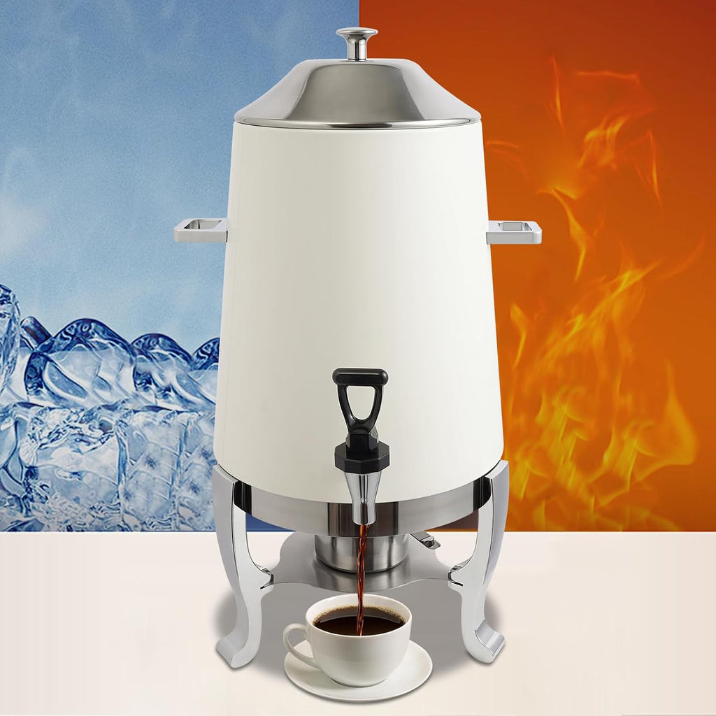 Coffee Urn With Fuel Holder, 3.5 Gallon/13L Stainless Steel Beverage Dispensers for Coffee Tea Hot Water, Hot Drink Dispenser with Stand, Chafer Urn with Spigot for Parties Catering,White