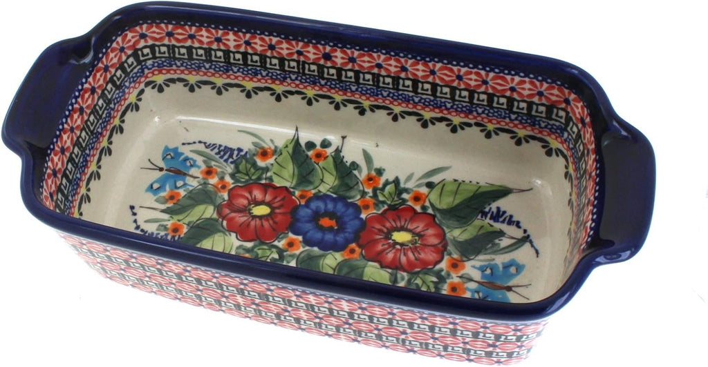 Blue Rose Polish Pottery - Red Floral Butterfly Loaf Baker - 9.25' x 5' - Ceramic Bread Baking Dish for Baking & Serving Loaves