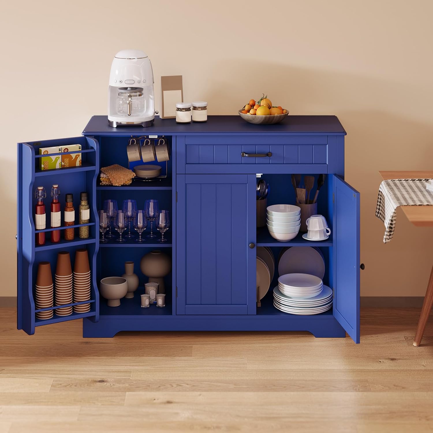 Gizoon Kitchen Sideboard Buffet Cabinet with Storage Small Coffee Bar Cabinet with Drawer, Kitchen Pantry Storage Cabinet with Door and Shelves for Bathroom and Living Room, Painted Navy Blue
