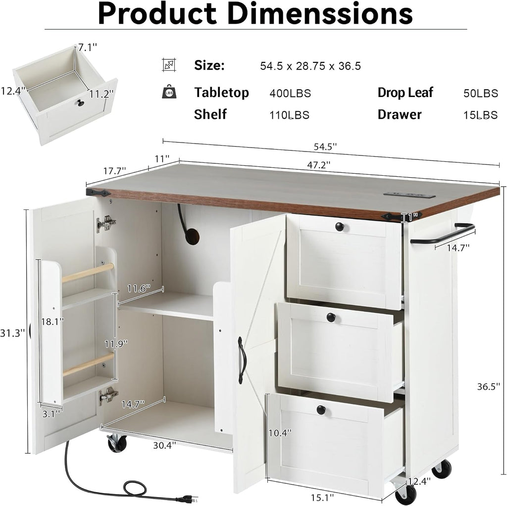 54.5' Farmhouse Rolling Kitchen Island Cart on Wheels with Power Outlet, Storage Island with Drop Leaf, Spice Rack and Drawer for Dining Room Kitchens Living Room White