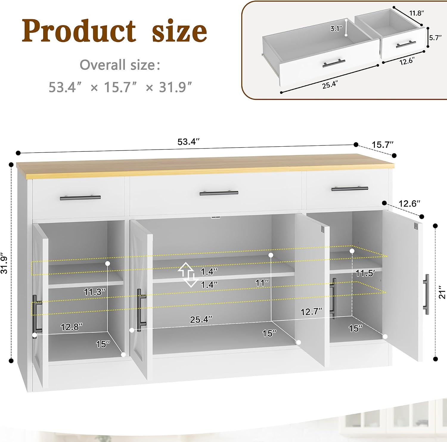 Vongrasig Buffet Cabinet with Storage, Farmhouse Coffee Bar Cabinet with Drawers, 53' Large Modern Sideboard Buffet with Adjustable Shelves for Kitchen, Dining Room, White