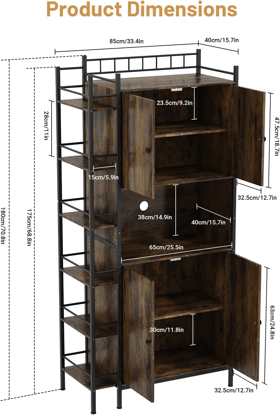 Industrial Style Kitchen Pantry Storage Cabinet, Brown Tall Kitchen Hutch with Microwave Stand, Food Pantry Cabinet with Side 6 Shelves and 2 Doors for Dining Room, Living Room