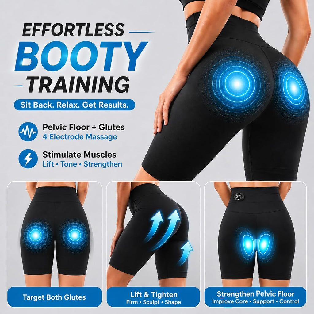 Glute Toning Shorts for Women, 8 Modes for Home Workouts Black | Water-activated glute toning shorts with 8 modes & 30 intensities, stretch fabric, fits hips 34'-42', for home fitness