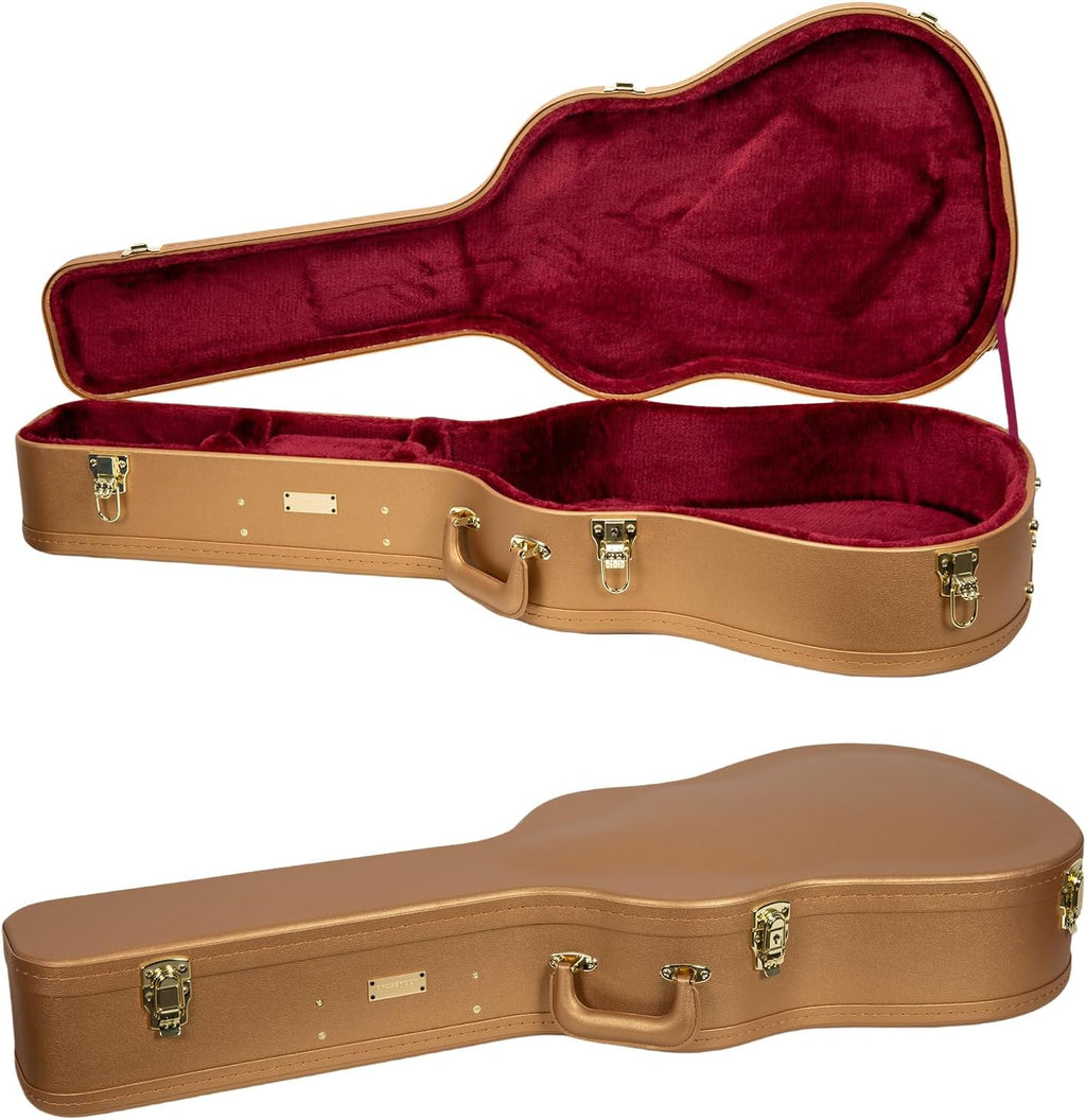 Crossrock Wooden Dreadnought Guitar Case for Martin D-28 / Taylor Grand Auditorium | Luxury Gold Faux Leather, Burgundy Velvet Interior, Lock – Designer Series(CRW520D28LG)