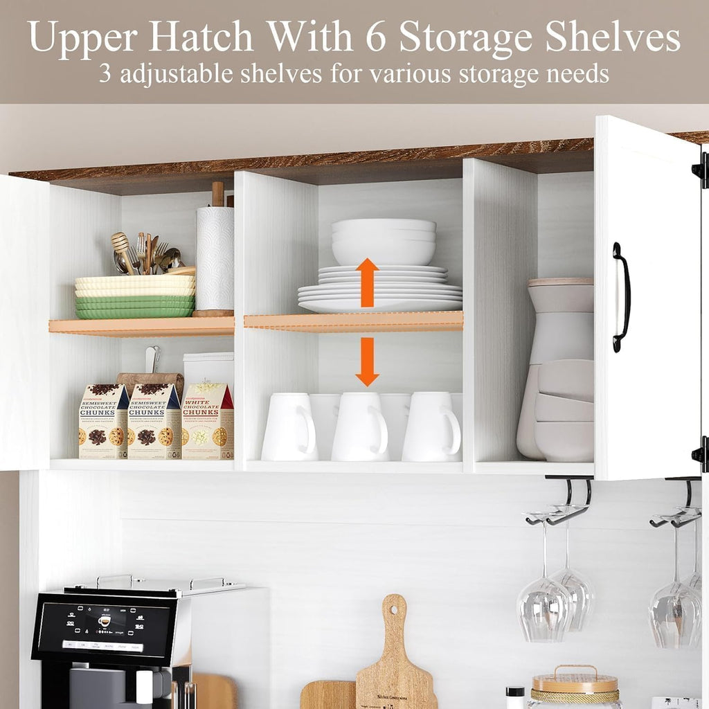 Farmhouse Coffee Bar Cabinet with Wine Rack, 72' Tall Kitchen Storage Cabinet with 3 Drawers, 9-Bottle Wine Holder, 6 Hooks, Sliding Barn Doors and Adjustable Shelves, for Dining Room, White
