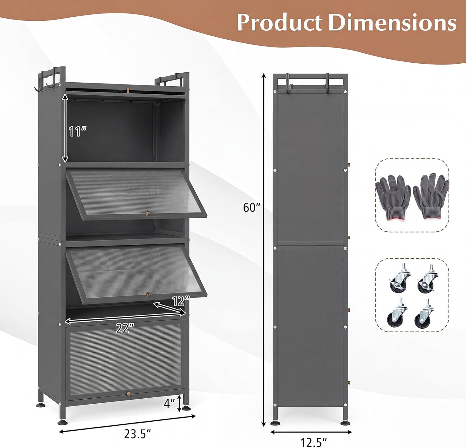 MAT EXPERT 5-Tier Kitchen Storage Cabinet, Freestanding Appliance Cabinet on Wheels with Flip Door & Anti-Topping Device, Kitchen Pantry Bakers Rack for Living Room, Study(Grey)