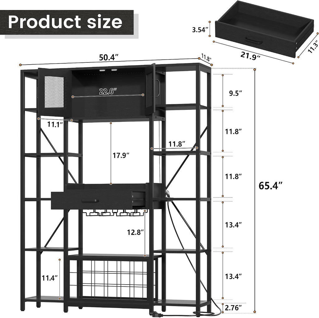 Nosepen 65.35 Inch Large Bakers Rack with Power Outlet and LED Light, 6-Tier Microwave Stand with Doors, Open Countertop and Storage Shelves, Farmhouse Coffee Bar Cabinet Station with Wine Rack, Black