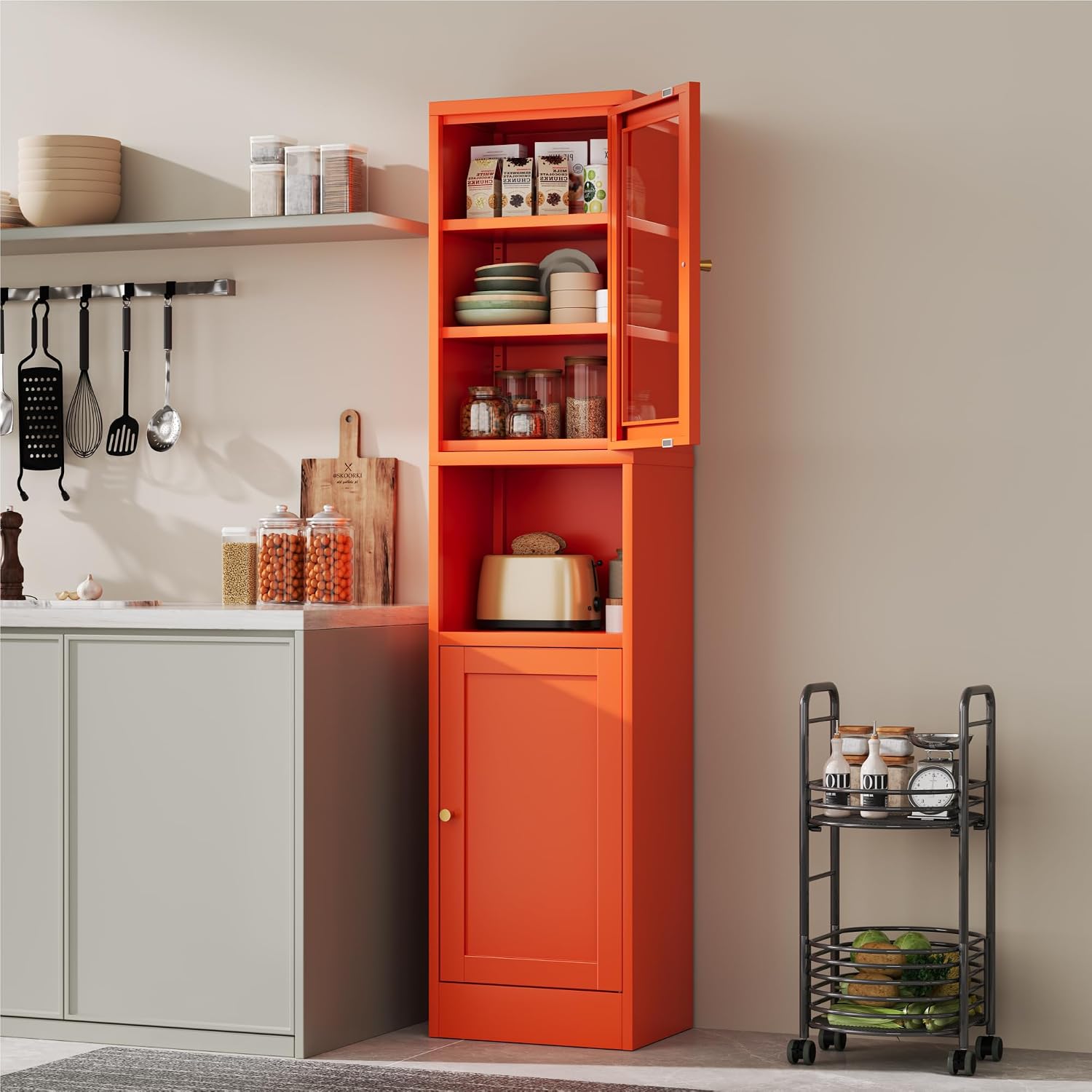 YAUWOH 2-Door Metal Storage Cabinet, Tall Slim Pantry Organizer with 3 Adjustable Shelves (120LBS/Shelf), Anti-Tipping Waterproof Cabinet for Bathroom/Kitchen/Home Office/Small Spaces,(1PC,Orange)