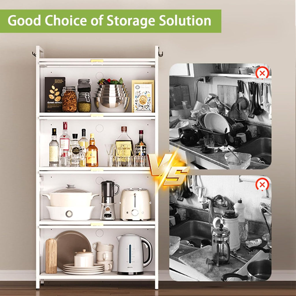Kitchen Pantry Storage Cabinet,5 Tier Rolling Microwave Stand, Bakers Rack,Metal Pantry Cabinet with 4 Flip-up Doors for Kitchen,Living Room,Study (White)