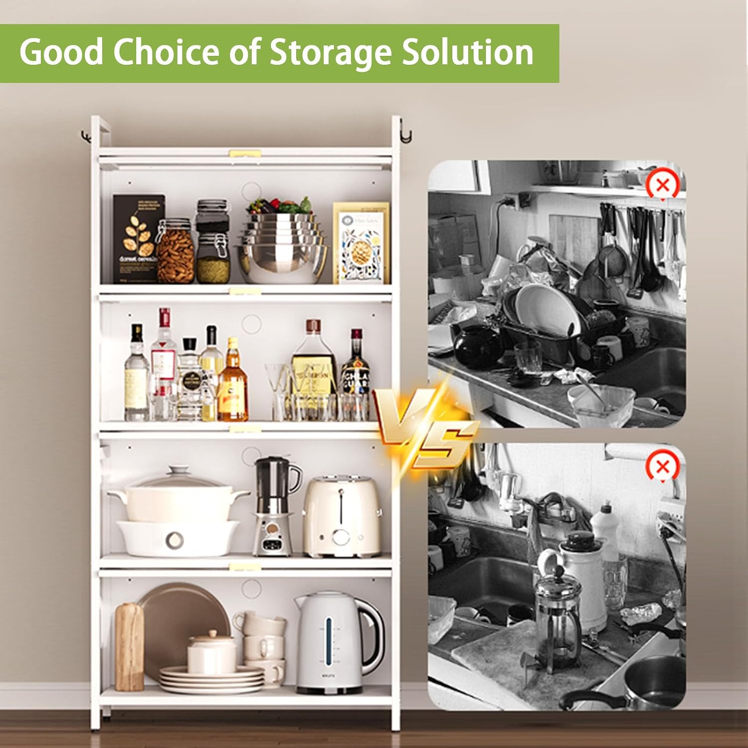 Kitchen Pantry Storage Cabinet,5 Tier Rolling Microwave Stand, Bakers Rack,Metal Pantry Cabinet with 4 Flip-up Doors for Kitchen,Living Room,Study (White)