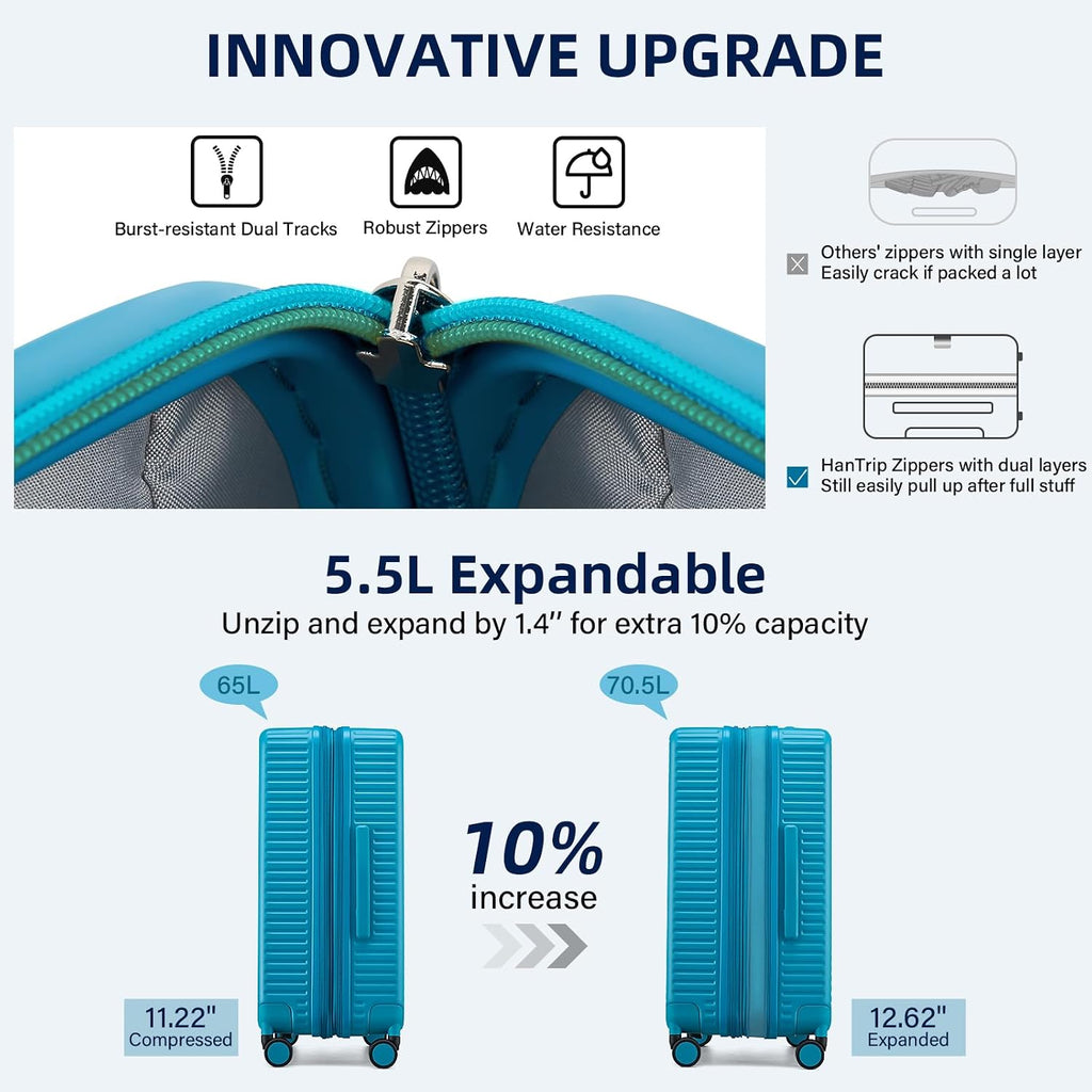 HanTrip Hard Shell Suitcases Travel Expandable Luggage, 24 Inch Check in Luggage with Spinner Wheels Cup Holder Charger Built in, Checked Medium Suitcase Lightweight Suitcases, Caribbean Blue