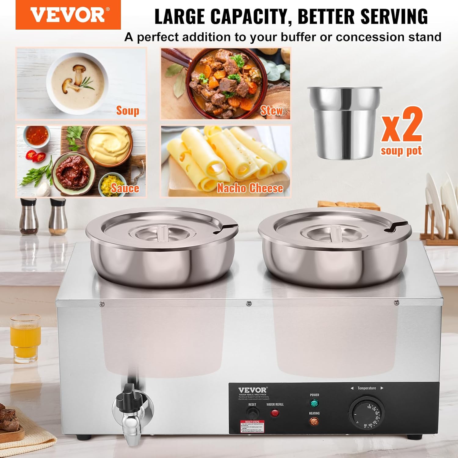 ETL Listed Electric Soup Warmer, Dual 7.4QT Stainless Steel Round Pot 86~185°F Adjustable Temp, 1200W Commercial Bain Marie with Anti-Dry Burn, Soup Station for Restaurant, Buffet, Silver