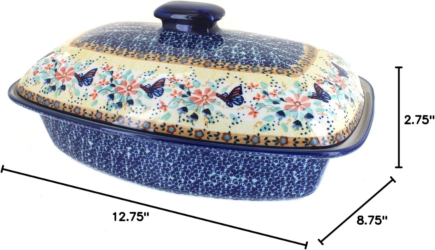 Blue Rose Polish Pottery - Yellow Blue Butterfly Covered Baker - 2 QT Capacity - Unique, Dishwasher Safe, & Durable Bakeware