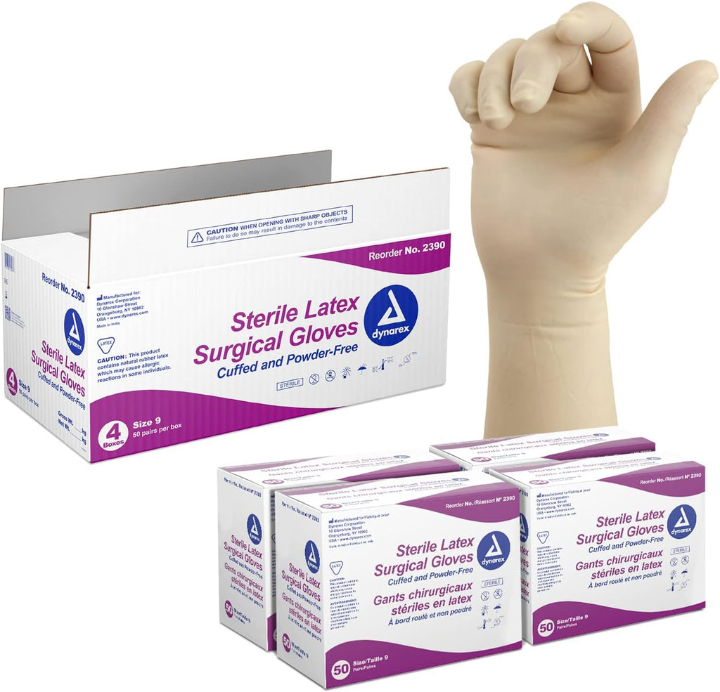 Dynarex Sterile Disposable Latex Surgical Gloves, Powder-Free, Sterilely Packaged in Pairs, Medical & Healthcare, Bisque, Size 9, 1 Case of 200 Pairs