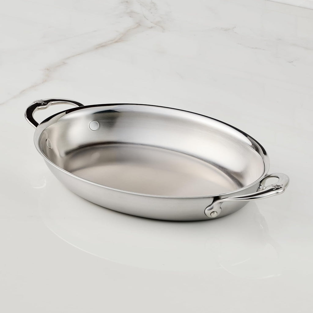Hestan Provisions Oval Au Gratin Baking Dish, 2 Quart Clad Stainless Steel, 12.5 x 9 Inch - Oven Safe 600F, Kitchen to Table Serving, Designed with Thomas Keller