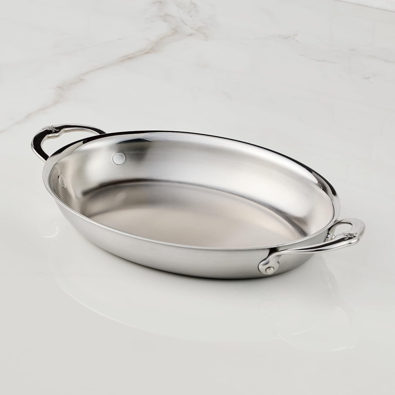 Hestan Provisions Oval Au Gratin Baking Dish, 2 Quart Clad Stainless Steel, 12.5 x 9 Inch - Oven Safe 600F, Kitchen to Table Serving, Designed with Thomas Keller