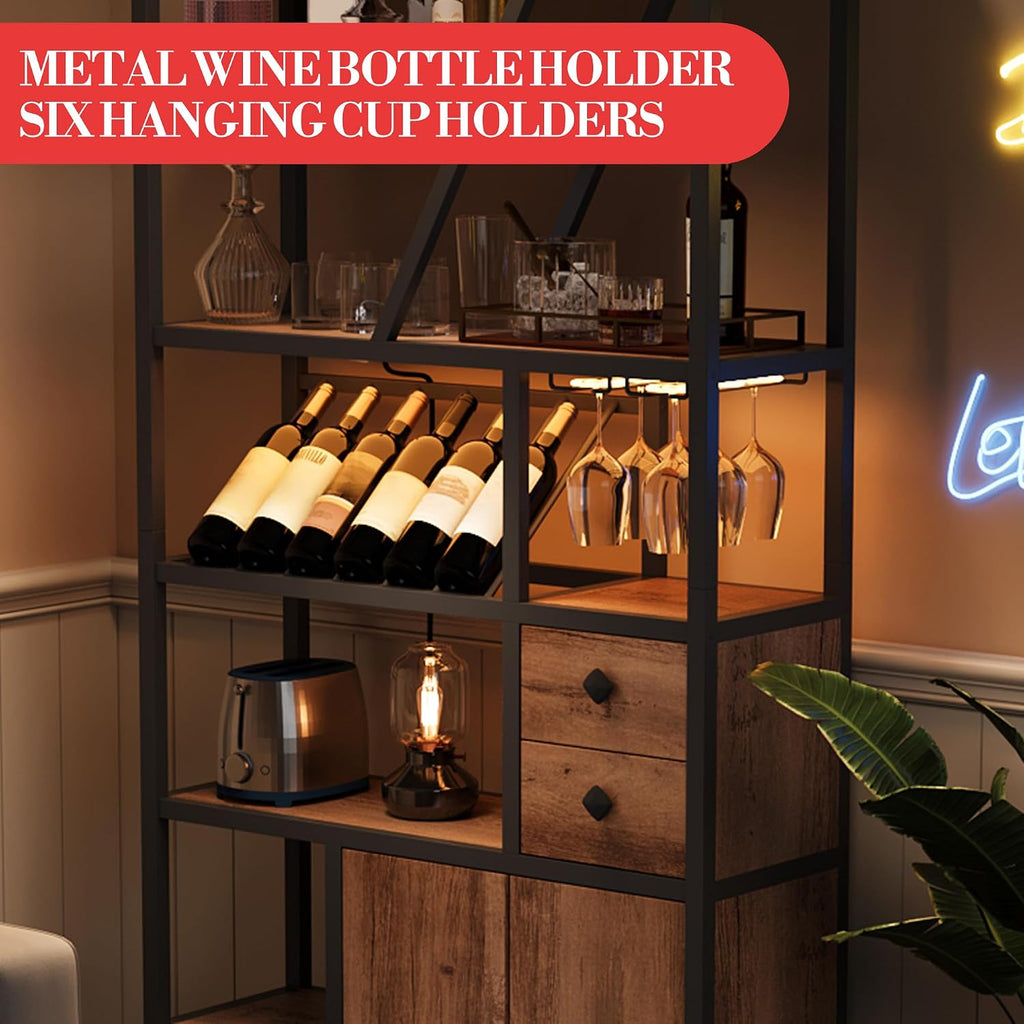 Wine Bar Cabinet with LED Lights, Tall Coffee Bar Station with Power Outlets, Wine Rack, Kitchen Microwave Stand Bakers Rack Cabinet for Living Room - Power Outlets Convenience