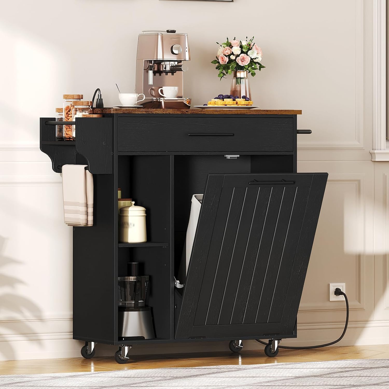 HOOBRO Kitchen Island with Trash Can Storage, Rolling Kitchen Island on Wheels, Mobile Island Cart with Power Outlet, Islands Table for 10 Gallon Garbage Bin, Rustic Brown and Black BF80UZD01G1