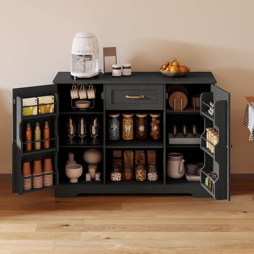 Gizoon 45' Coffee Bar Cabinet with Door and Shelves Kitchen Hutch with Countertop, Kitchen Buffer Cabinet with Storage for Bedroom and Living Room, Black
