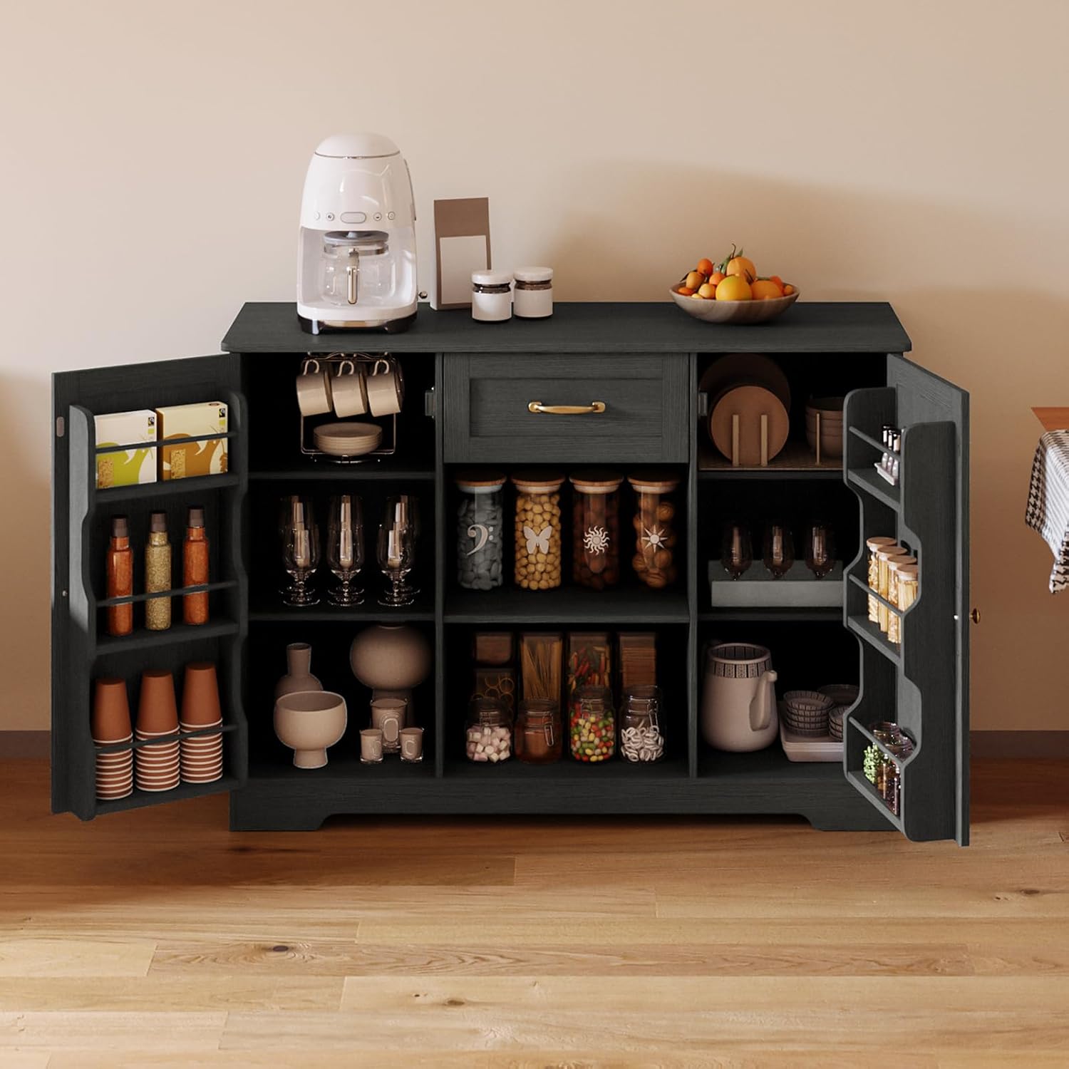 Gizoon 45' Coffee Bar Cabinet with Door and Shelves Kitchen Hutch with Countertop, Kitchen Buffer Cabinet with Storage for Bedroom and Living Room, Black