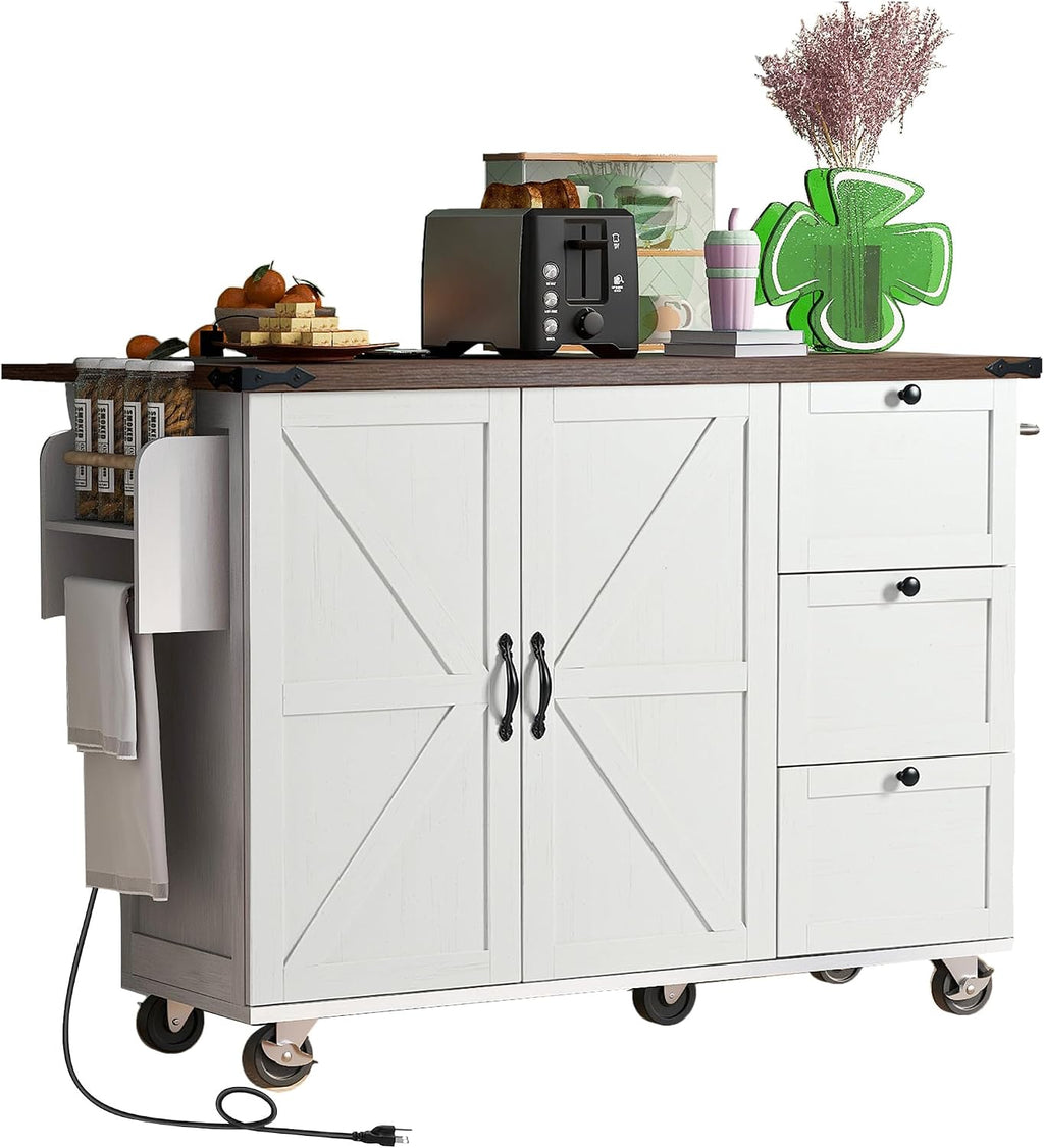 Farmhouse Kitchen Island with Power Outlet Rolling Kitchen Island Cart on Wheels with Storage Rack 3 Drawers Drop Leaf White and Light Brown for Kitchen Dining Room Built-in Charging Station
