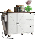 Farmhouse Kitchen Island with Power Outlet Rolling Kitchen Island Cart on Wheels with Storage Rack 3 Drawers Drop Leaf White and Light Brown for Kitchen Dining Room Built-in Charging Station