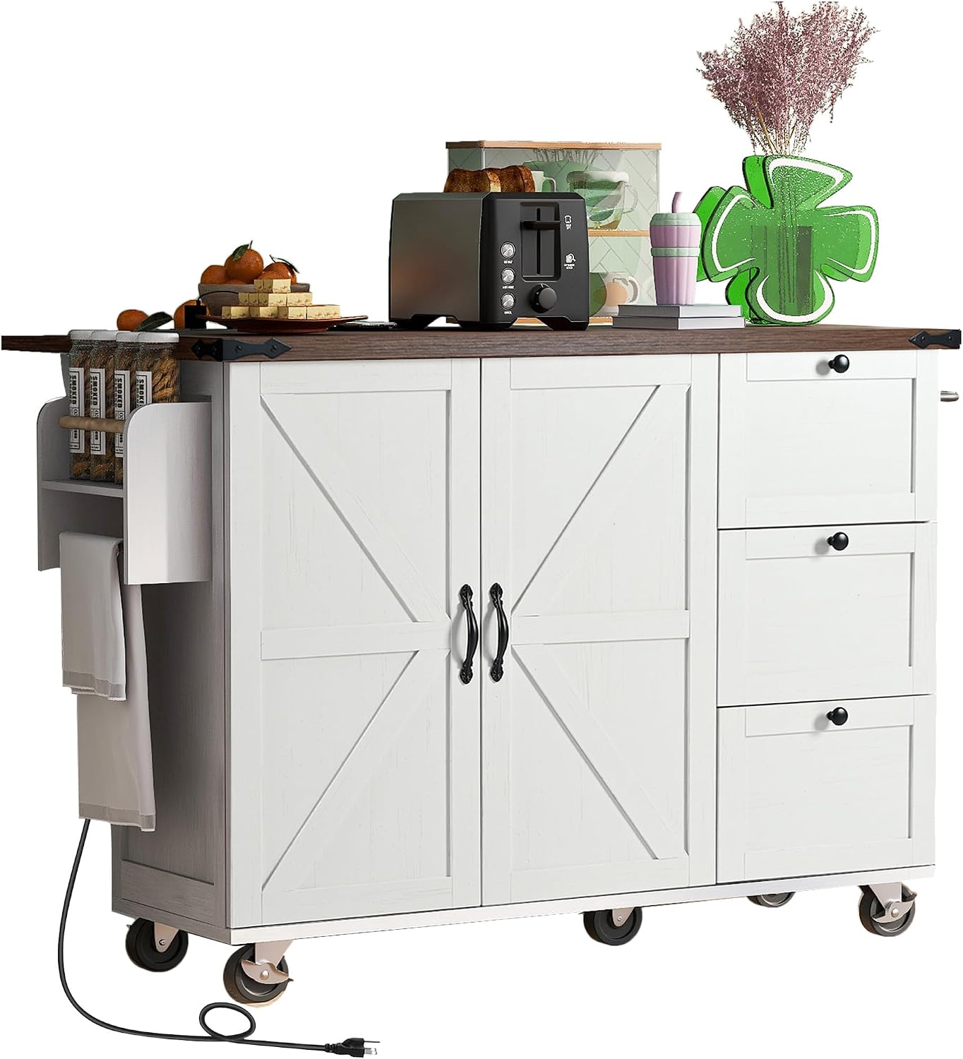 Farmhouse Kitchen Island with Power Outlet Rolling Kitchen Island Cart on Wheels with Storage Rack 3 Drawers Drop Leaf White and Light Brown for Kitchen Dining Room Built-in Charging Station