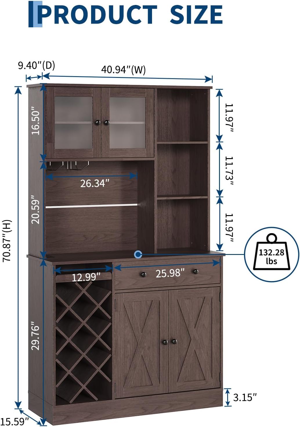 Coffee Bar Cabinet with Power Outlet & Exquisite Barn Doors, Sideboard Buffet Cabinet with Wine Bottle Rack, Storage Cabinet for Kitchen, Dining Room