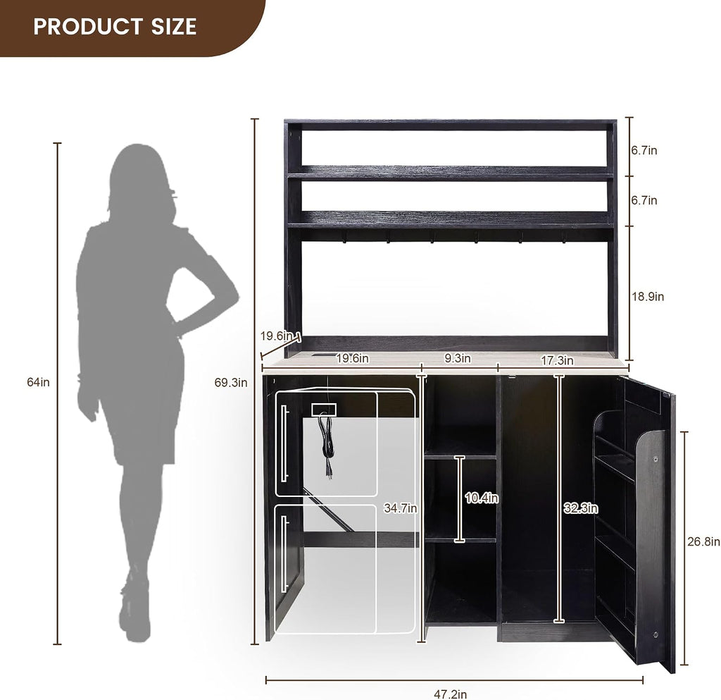 69' Coffee Bar with Mini Fridge Space, Mini Fridge Cabinet with Power Outlet, Liquor Wine Cabinet, Microwave Stand with Storage, Refrigerator Stand for Kitchen, Apartment, Home Bar, Dorm