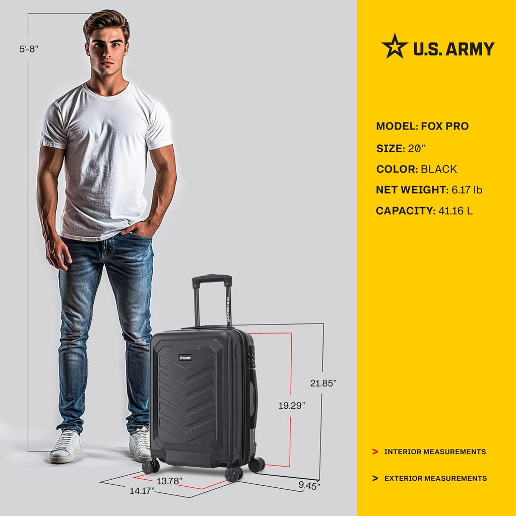 US Army Fox Pro 20 inch Expandable Carry-On Suitcase with TSA Lock for Travel | Lightweight Hardside Luggage with Spinner Wheels, Chevron Icon, Gel Handle, Retractable Trolley, Side Studs | Black