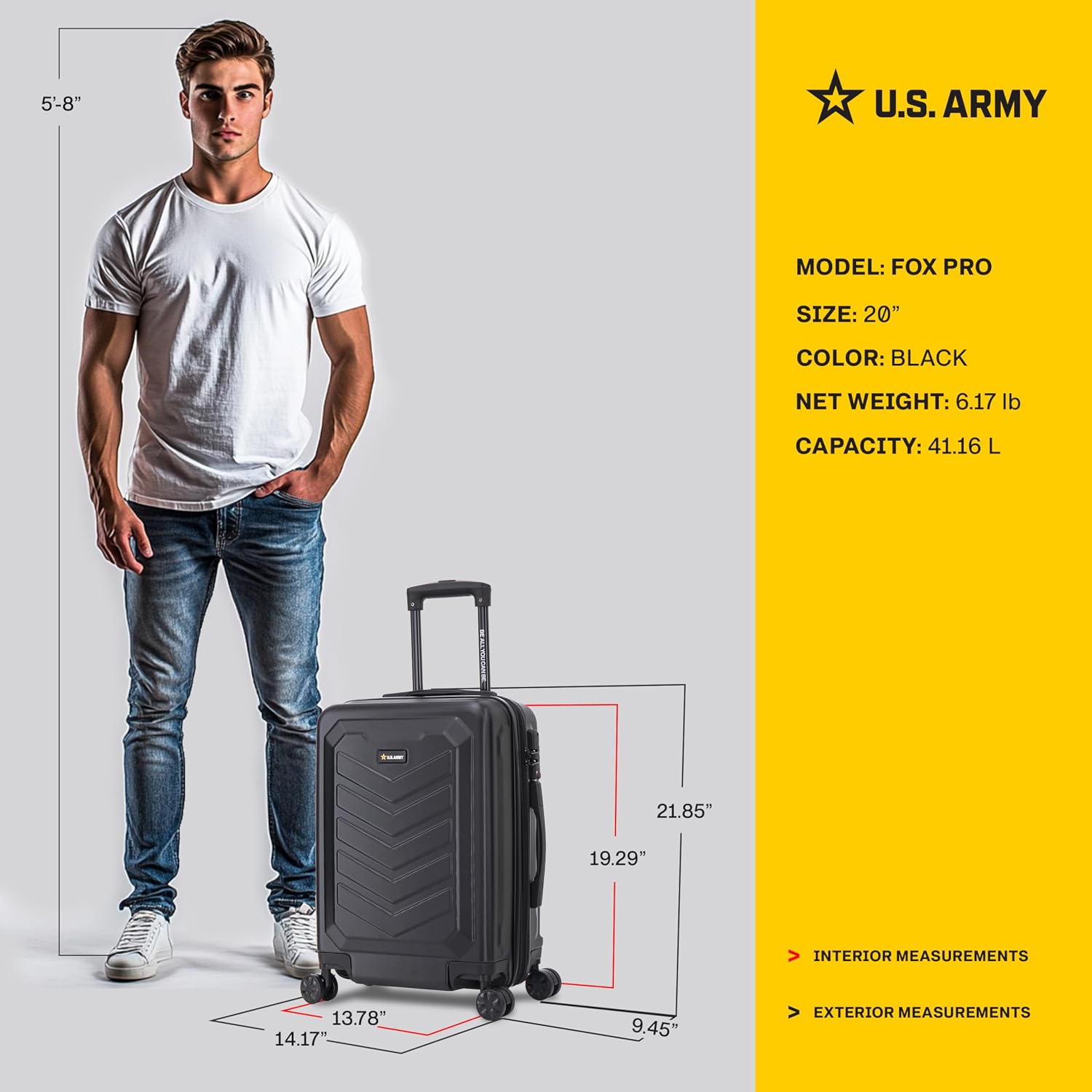 US Army Fox Pro 20 inch Expandable Carry-On Suitcase with TSA Lock for Travel | Lightweight Hardside Luggage with Spinner Wheels, Chevron Icon, Gel Handle, Retractable Trolley, Side Studs | Black