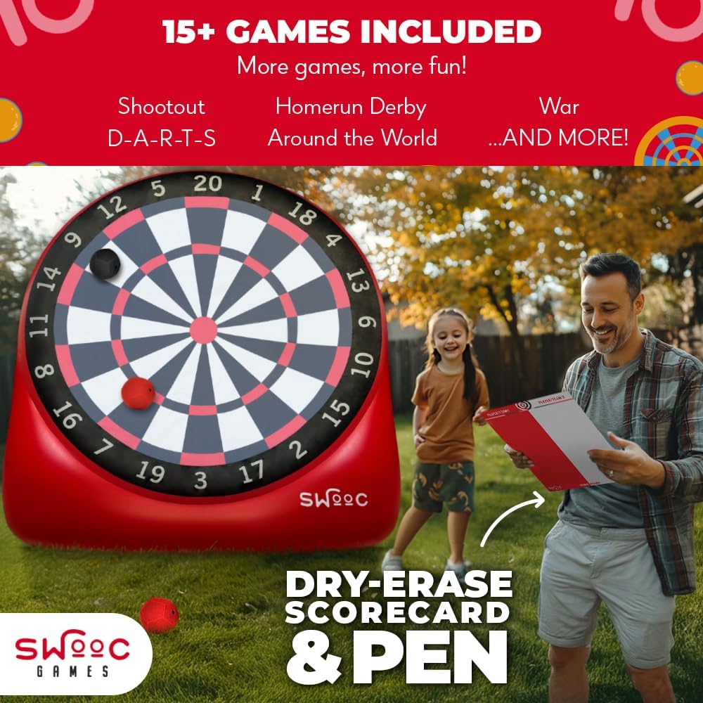 Swooc Games - Premium Inflatable Giant Kick Darts (15+ Ways to Play) - Jumbo Soccer Dartboard with Air Pump - Big Carnival Games - Giant Outdoor Games - Oversized Dart Board Yard & Lawn Game