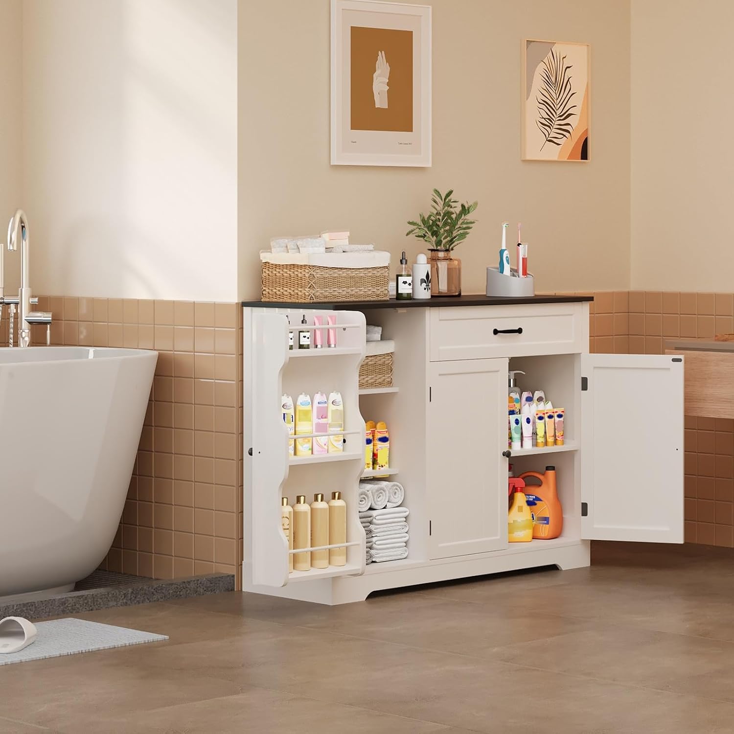 Gizoon Kitchen Coffee Bar Cabinet with Storage Kitchen Sideboard Buffet Cabinet with Drawers, Short Pantry with Door and Shelves for Bathroom and Living Room, White and Black, Painted