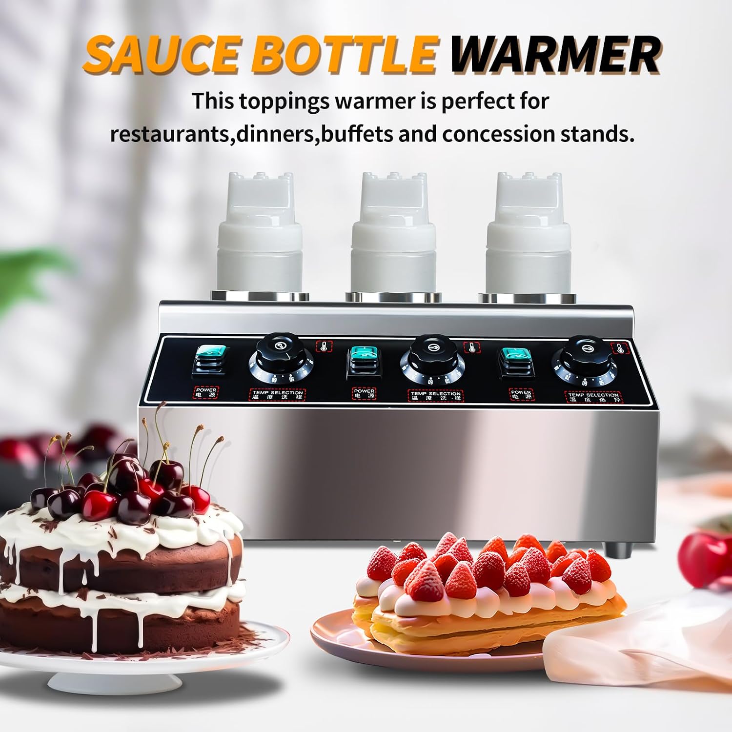 KOOTEN Electric Cheese Sauce Warmer Dispenser,Cheese Warmer Hot Chocolate Warmer and Dispenser 0.68x3 Qt Commercial Cheese Dispenser Bottle Warmer 86-185℉Nacho Cheese Warmer with Bottles